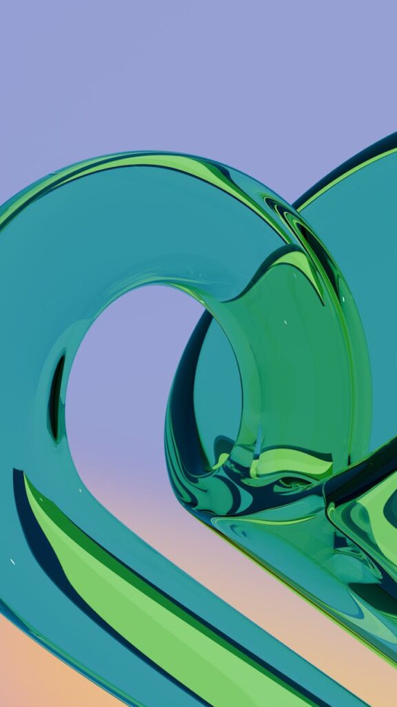 Dynamic digital artwork of green and blue abstract glass shapes with a minimalist aesthetic.